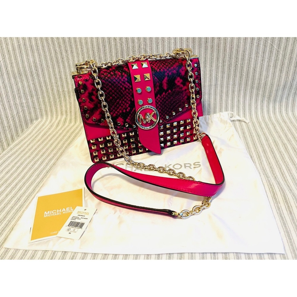 Michael Kors Greenwich Small Crossbody Wild Berry Snakeskin Studded 32H1LGRC5L